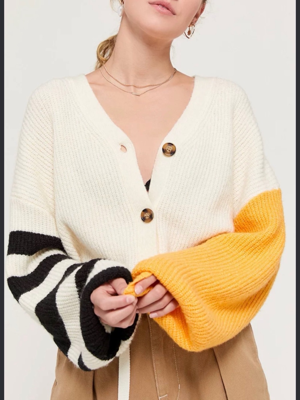 Colorblock Button-Front V-Neck Sweater Cardigan - Cream, Black & Yellow